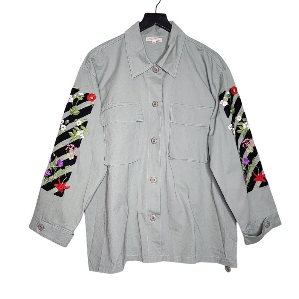 Polagram Floral Embroidered Shirt‎ Shacket Olive Green Button Pockets Utility L